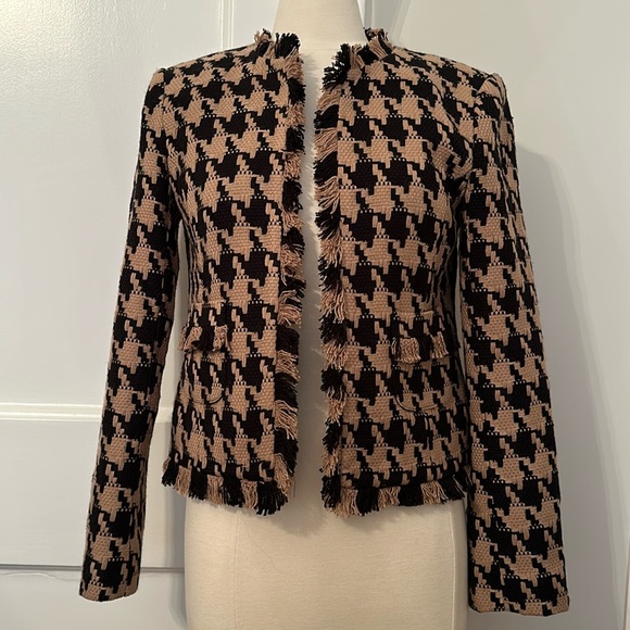 L'AGENCE Angelina Houndstooth Open Front Blazer pockets jacket fringe plaid work - Picture 2 of 15